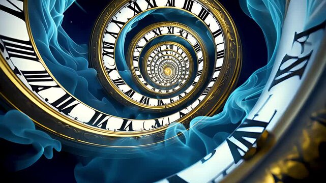Spiral time tunnel of vintage Roman numerals fading into dreamy blue smoke vortex