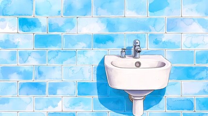 Watercolor Washroom Sink and Blue Tiles