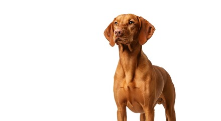 Majestic Vizsla dog stands attentively with sleek copper coat and focused gaze against a bright white backdrop portraying canine elegance