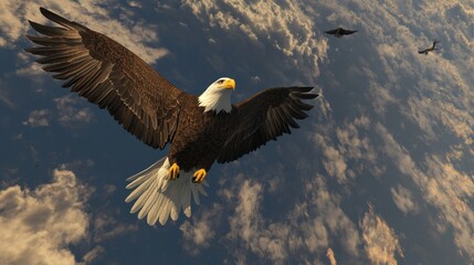 Fototapeta premium A majestic bald eagle soars through a breathtaking