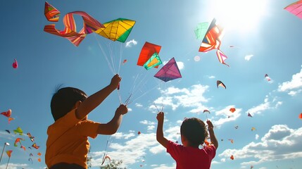 Children flying colorful kites in a sunny sky