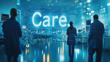 Innovative healthcare professionals in modern medical facility, emphasizing care and technology. scene highlights advanced equipment and focus on patient well being