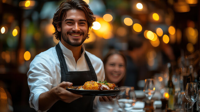 cheerful waiter serves delicious meal to customers in lively restaurant setting, creating warm dining experience