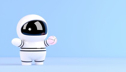 A cute astronaut figurine holding a pink ball against a light blue background.