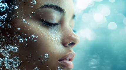 Close-up of a woman's face, wet with water droplets and bubbles, eyes closed, suggesting serenity and purity, ideal for skincare or beauty concepts