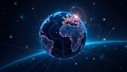 Obraz premium glowing image of earth with bright lights and digital effects at night in space