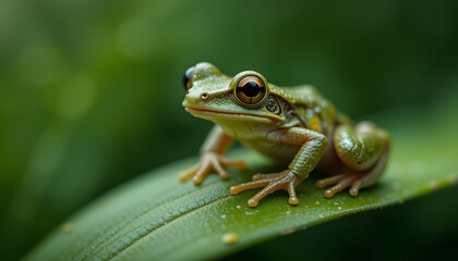 Obraz premium Emerald Frog on Leaf: A Portrait of Amphibian Beauty
