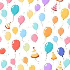 Seamless pattern featuring pastel balloons, party hats, and confetti on a white background. Wallpapers, festive fabric designs, and celebratory illustrations.