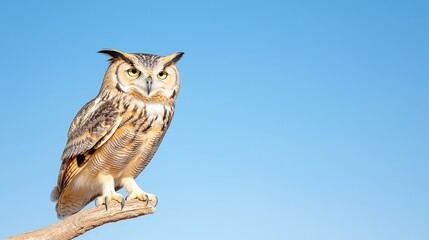 Fototapeta premium Majestic Great Horned Owl Perched on Branch Against a Vibrant Blue Sky