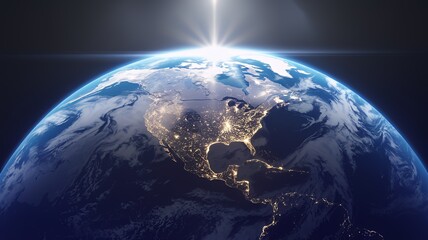 Our vibrant Earth, a sunrise spectacle over the Americas, showcasing city lights and swirling clouds in a breathtaking cosmic view.