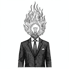 Incandescent Idea: A stylized illustration of a person's head transformed into a burning lightbulb, conveying the powerful concept of inspiration, creativity, and the intensity of a brilliant idea.