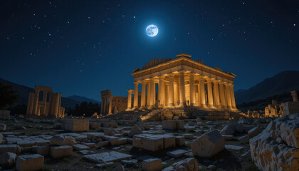 Obraz premium Halicarnassus Mausoleum at Night, Illuminated Ancient Architecture View