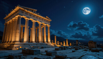 Obraz premium Mausoleum at Halicarnassus, Night View, Moonlit Ancient Wonder Scene