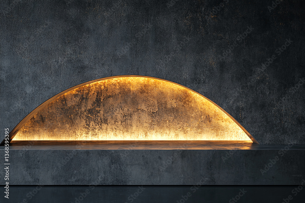 Aufkleber dark gray concrete platform with a backlit golden-yellow semi-circular niche, showcasing a minimalis