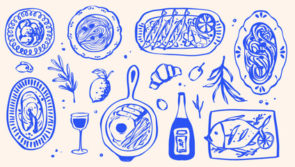 Whimsical Hand Drawn Foods Doodle Mediterranean Matisse Italian Food and Drink, Pasta, Summer Tropical and Sea Food Line Drawing Isolated Vector