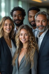 Group of professionally dressed individuals smiling in a modern corporate environment