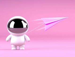 Fototapeta premium A cute astronaut character launching a paper plane against a pink background.