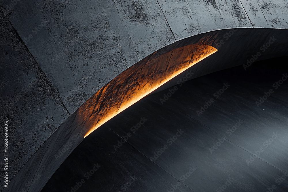 Poster dark gray concrete curved wall with orange light, creating modern architectural showcase scene, idea
