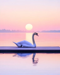 Fototapeta premium Serene swan on tranquil lake at sunrise