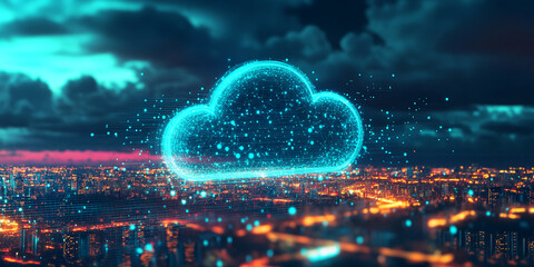 Digital cloud icon over illuminated cityscape at night, symbolizing cloud computing, data storage, and global network connectivity