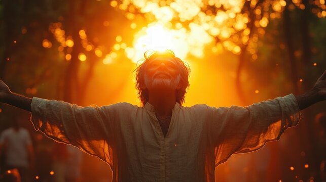 Golden sunset man embraces nature's peace.