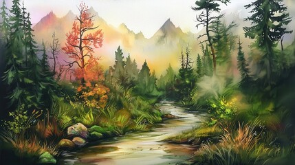 Serene Autumn River Scene in Mountain Forest Watercolor Painting Tranquil Nature Landscape with Colorful Trees and Creek