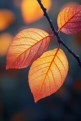 Obraz premium Dew-kissed autumn leaves glow golden orange.