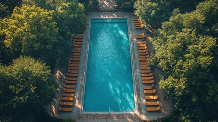 Serene turquoise pool, sunlit lounge chairs, lush green trees.