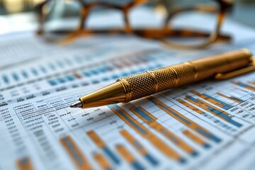 Gold pen rests on detailed financial charts