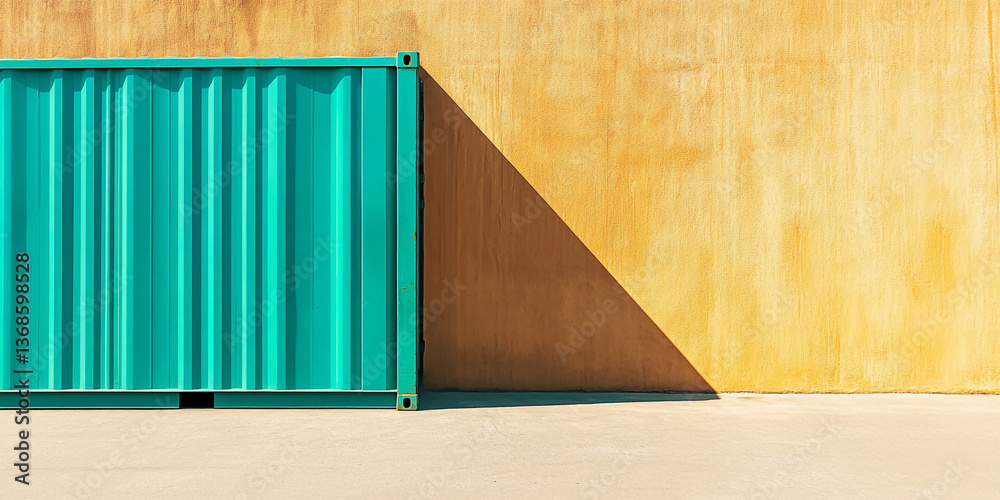 Poster teal shipping container against yellow wall, casting a shadow, creating a minimalist urban scene, sh