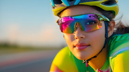 A cyclist in bright gear and sunglasses rides intently on a track under clear skies