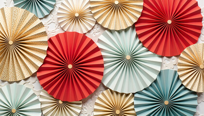Decorative paper rosettes in vibrant colors on a textured background  