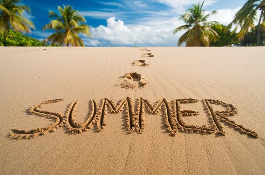 Word summer written in the sand