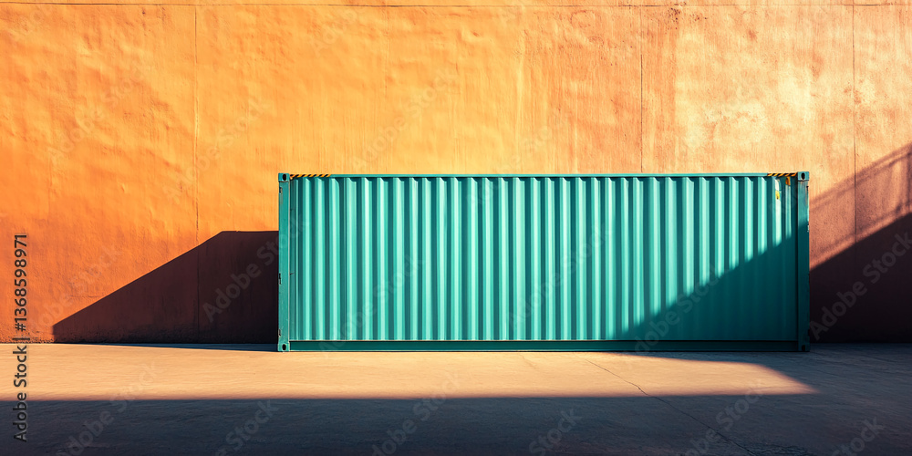 Poster teal shipping container against orange wall, creating a vibrant contrast. showcase ideal for industr