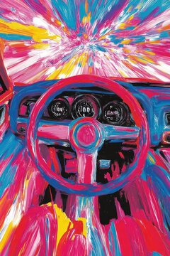 Psychedelic car interior, vibrant colors, speed, motion blur