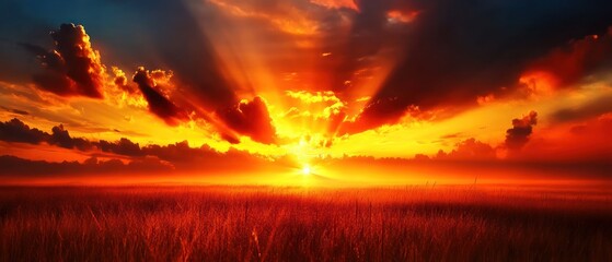 Fototapeta premium Fiery sunset over a field of tall grass. Radiant rays illuminate the sky
