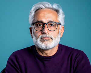 Obraz premium Serious mature man with grey hair and beard, wearing glasses, against a teal background
