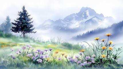 Obraz premium Serene Mountain Meadow Landscape Painting Wildflowers Blooming in Misty Alpine Setting