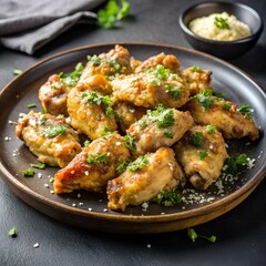 Garlic Parmesan Chicken Wings on a Black Plate