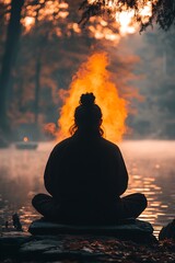 Person meditating by a fire at sunrise.
