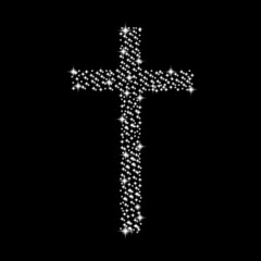 Religious cross shining stars make cross shape on black background illustration