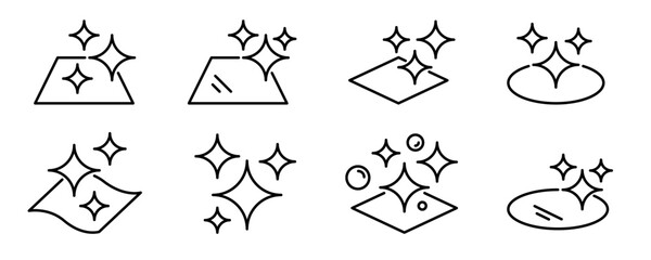 Clean shining star icon set. Clean surface, easy cleaning for label, badge, logo, symbol, line, vector illustration on white background. Clean surface shining star label for product packaging design.