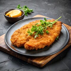 Crispy Chicken Cutlet on a Black Marble Plate