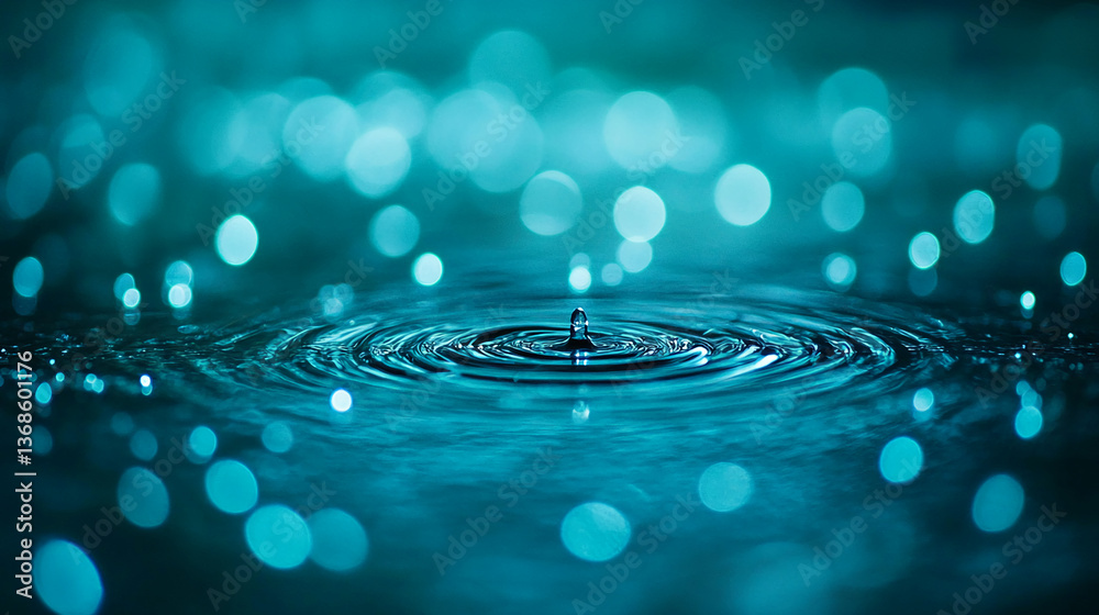 Poster teal water droplet impacting surface, creating concentric ripples and bokeh background, showcasing s