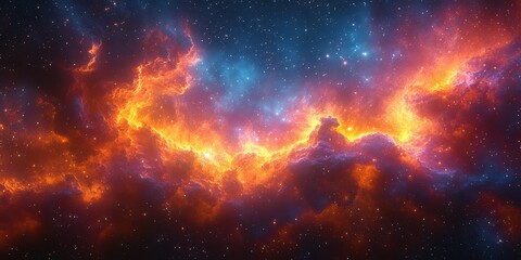 Obraz premium Vibrant cosmic clouds illuminate the night sky with shades of orange and blue amidst countless stars