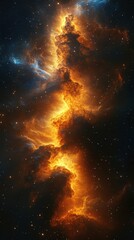 Vibrant cosmic nebula showcasing brilliant orange and yellow hues against a deep starry backdrop
