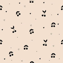 Seamless romantic pattern with repeated stylish cherries and hearts. Cute simple beige background with hearts and cherries. Design for textile, fabric, wrapper, packaging, background. 