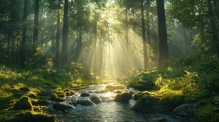 Obraz premium Sunlit stream flows through a misty green forest.
