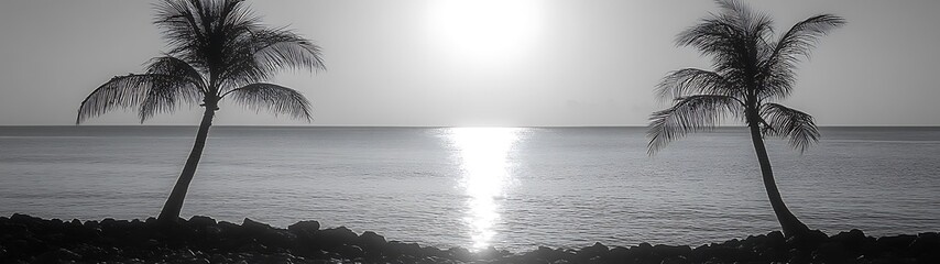 Two palm trees flank a calm ocean with bright sunlight above