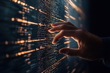 A hand reaches towards a digital display of glowing data points, symbolizing interaction with technology and information.